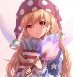 Rule 34 | 1girl, american flag legwear, blonde hair, closed mouth, clownpiece, commentary request, fairy wings, fire, fur trim, hair between eyes, hat, highres, holding, jester cap, light smile, long hair, long sleeves, looking at viewer, mozuno (mozya 7), neck ruff, pink background, red eyes, simple background, solo, star (symbol), star print, striped, torch, touhou, wings