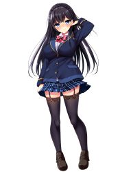 Rule 34 | 1girl, black footwear, black hair, black thighhighs, blazer, blue eyes, blue skirt, blush, braid, french braid, full body, garter straps, hand to head, highres, jacket, loafers, long hair, long sleeves, looking at viewer, mayonnaise (ringo gakuen), miniskirt, official art, ootori chikage, photoshop (medium), plaid, plaid skirt, pleated skirt, real eroge situation! 2, shoes, skirt, smile, solo, tachi-e, thighhighs, transparent background, zettai ryouiki