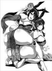 Rule 34 | 2girls, animal ears, arm up, ass, blush, breasts, fake animal ears, fake tail, fur shawl, greyscale, hair ornament, highres, japanese clothes, kimono, kneeling, kojima saya, large breasts, looking at viewer, monochrome, multiple girls, open mouth, original, rabbit ears, rabbit tail, shawl, short hair, simple background, smile, tabi, tail, tassel, thigh strap, white background, wide sleeves