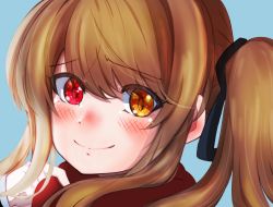 Rule 34 | 1girl, assault lily, black ribbon, blue background, blush, brown hair, closed mouth, commentary request, hair between eyes, hair over shoulder, hair ribbon, heterochromia, highres, kuo shenlin, looking at viewer, portrait, red eyes, red scarf, ribbon, scarf, side ponytail, smile, solo, tatsuki2820, yellow eyes