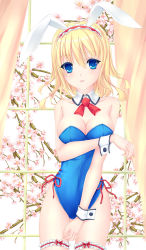 Rule 34 | 1girl, alice margatroid, alternate costume, animal ears, bare arms, bare shoulders, blonde hair, blue eyes, breasts, rabbit ears, playboy bunny, cherry blossoms, cleavage, collar, curtains, detached collar, fake animal ears, fred0092, hairband, highres, large breasts, leotard, lolita hairband, looking at viewer, short hair, solo, thigh strap, touhou, tree, window, wrist cuffs