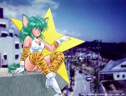 Rule 34 | 1990s (style), 1995, 1girl, akira m, animal ears, animal print, blush, boots, breasts, building, car, cat ears, cat girl, cat tail, city, cleavage, cleavage cutout, clothing cutout, cloud, dated, gloves, green hair, high heels, house, large breasts, leotard, long hair, looking up, motor vehicle, orange thighhighs, parted lips, pavement, photo background, power lines, print thighhighs, retro artstyle, road, september, sitting, sky, smile, solo, star (symbol), tail, teeth, telephone pole, thighhighs, tiger print, white footwear, white gloves, white leotard
