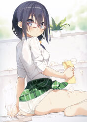 Rule 34 | 1girl, ass, bath, bath brush, bathroom, black hair, blush, bra, breasts, cleaning, collared shirt, commentary request, expressionless, glasses, grey eyes, hair over shoulder, highres, looking at viewer, medium hair, original, panties, plant, potted plant, see-through, shirt, shower head, sitting, small breasts, soap bubbles, solo, tsubure manjuu, underwear, wariza, wet, wet clothes, white panties, white shirt