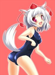 Rule 34 | 1girl, animal ears, ass, bad id, bad pixiv id, blush, female focus, hat, inubashiri momiji, one-piece swimsuit, red eyes, school swimsuit, shiny clothes, short hair, skindentation, solo, swimsuit, tail, tera hiroshi, tokin hat, touhou, white hair, wolf ears, wolf tail