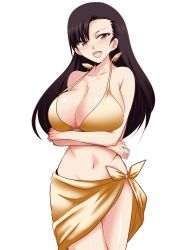 Rule 34 | 10s, 1girl, asymmetrical bangs, bikini, breast hold, breasts, brown eyes, brown hair, cleavage, cowboy shot, crossed arms, front-tie bikini top, front-tie top, girls und panzer, hifumi hajime, large breasts, long hair, looking at viewer, navel, nishi kinuyo, open mouth, sarong, simple background, smile, solo, standing, swimsuit, white background, yellow bikini, yellow sarong