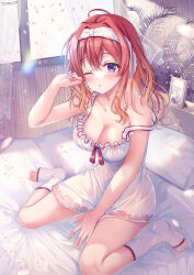 1girl ;o bare_arms bare_shoulders bed blush breasts cleavage commentary_request curtains dress gradient_hair hair_between_eyes hand_up highres looking_at_viewer medium_breasts multicolored_hair no_shoes on_bed one_eye_closed orange_hair original parted_lips petals pillow purple_eyes red_hair rubbing_eyes signature sitting sleeveless sleeveless_dress socks solo sousouman strap_slip toeless_legwear transparent waking_up wariza white_dress white_socks window