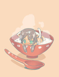 Rule 34 | 1girl, animal ears, bad id, bad pixiv id, blade (galaxist), bowl, brown hair, food, green eyes, in bowl, in container, in food, mini person, minigirl, original, rice, simple background, solo, steam, sweat, tail, wet