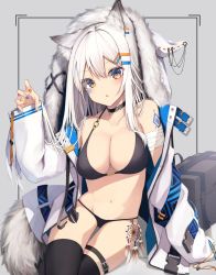 Rule 34 | 1girl, animal ear fluff, animal ears, bandaged arm, bandages, bare shoulders, bikini, black bikini, black collar, black thighhighs, blue nails, breasts, brown eyes, cleavage, collar, collarbone, commentary request, dream catcher, fang, fur-trimmed hood, fur trim, grey background, hair between eyes, hair ornament, hairclip, hand up, highres, hood, hood up, hooded jacket, jacket, large breasts, long hair, long sleeves, looking at viewer, mayogii, multicolored nails, nail polish, navel, off shoulder, open clothes, open jacket, orange nails, original, parted lips, sitting, sleeves past fingers, sleeves past wrists, solo, swimsuit, tail, thighhighs, white hair, white jacket