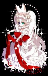 Rule 34 | 1girl, animal ears, black background, copyright request, dress, green eyes, hairband, heterochromia, long dress, long hair, mamaloni, purple eyes, red ribbon, ribbon, simple background, solo, sparkle, standing, twintails, very long hair, white dress, white hair
