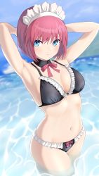 Rule 34 | 1girl, armpits, arms behind head, arms up, bikini, black bikini, blue eyes, blurry, bob cut, bow, bow bikini, bowtie, breasts, caustics, day, depth of field, detached collar, frilled bikini, frills, frown, highres, hisui (tsukihime), looking at viewer, maid, maid bikini, maid headdress, makimaki, medium breasts, navel, outdoors, pink bow, pink bowtie, pink hair, short hair, skindentation, solo, standing, swimsuit, tsukihime, unconventional maid, wading, water