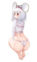 Rule 34 | 1girl, animal ears, artist name, ass, black shirt, bow, commentary request, from behind, gao (gaolukchup), granblue fantasy, hair ornament, hairclip, highres, looking at viewer, panties, red eyes, shirt, silver hair, simple background, skindentation, solo, underwear, vikala (granblue fantasy), white background, white panties, white shirt