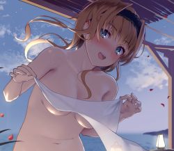 Rule 34 | 1girl, :d, areola slip, blue eyes, blue sky, blush, breasts, collarbone, day, hairband, holding, kantai collection, lantern, long hair, looking at viewer, medium breasts, navel, nose blush, nude, open mouth, outdoors, petals, rose petals, satsuki neko, see-through, sky, smile, solo, sweat, teruzuki (kancolle), upper body