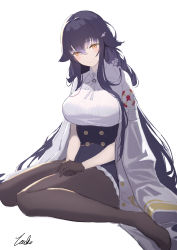 Rule 34 | 1girl, absurdres, animal ears, azuma (azur lane), azur lane, black gloves, breasts, brown pantyhose, buttons, double-breasted, gloves, highres, jacket, jacket on shoulders, large breasts, long hair, long sleeves, looking at viewer, miniskirt, pantyhose, pleated skirt, purple hair, shirt, signature, simple background, sitting, skirt, solo, taqoumi, underbust, very long hair, wariza, white background, white jacket, white shirt, white skirt, yellow eyes