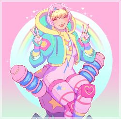 Rule 34 | 1girl, ^ ^, absurdres, apex legends, blonde hair, blue bow, blue jacket, blush, bodysuit, bow, breasts, closed eyes, crossed legs, double v, eyeshadow, facial scar, gloves, green bow, highres, hood, hooded jacket, jacket, kawaii voltage wattson, knee pads, lila (lilakeylk), makeup, official alternate costume, pink bodysuit, pink bow, pink eyeshadow, pink headwear, scar, scar on cheek, scar on face, sitting, small breasts, smile, solo, v, wattson (apex legends)