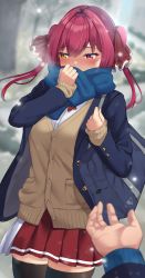 Rule 34 | 1girl, 1other, absurdres, alternate costume, bag, black thighhighs, blazer, blue jacket, blush, brown sweater, covering own mouth, embarrassed, hair ribbon, heterochromia, highres, hololive, houshou marine, jacket, long hair, miniskirt, mugino0515, parted hair, pleated skirt, pov, pov hands, red eyes, red hair, red ribbon, red skirt, ribbon, scarf, school bag, school uniform, skirt, snowing, sweater, thighhighs, twintails, virtual youtuber, winter, yellow eyes
