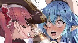 Rule 34 | 2girls, :d, ahoge, alcohol, blue hair, blush, bottle, crazy eyes, elf, eye contact, eyepatch, face focus, hair between eyes, hair ribbon, hands up, hat, holding, holding bottle, hololive, houshou marine, kubota masaki, long hair, looking at another, multicolored hair, multiple girls, open mouth, pirate hat, pointy ears, portrait, red hair, ribbon, scared, simple background, smile, streaked hair, surprised, sweatdrop, virtual youtuber, white background, yukihana lamy