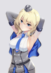 Rule 34 | 1girl, armpits, blonde hair, blue eyes, blue necktie, blush, braid, breasts, capelet, colorado (kancolle), commentary request, dress, elbow gloves, garrison cap, gloves, grey dress, grey hat, hat, headgear, highres, kantai collection, large breasts, looking at viewer, necktie, ochikata kage, pleated dress, shirt, short hair, side braids, sideboob, simple background, sleeveless, solo, white shirt