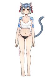 Rule 34 | 1girl, animal ears, bare legs, bare shoulders, barefoot, black panties, blonde hair, blue hair, breasts, cat ears, cat tail, closed mouth, commentary, dated, english commentary, full body, gradient hair, highleg, highleg panties, highres, looking at viewer, medium breasts, multicolored hair, navel, orange eyes, original, panties, short hair, shoulder tattoo, signature, simple background, solo, tail, tank top, tattoo, underwear, watermark, white background, white tank top, yun-yang