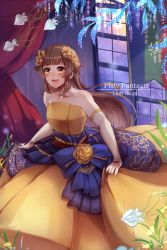 Rule 34 | 1girl, :d, bare shoulders, blush, bow, brown eyes, copyright name, dress, dress bow, flower, gold trim, highres, indoors, long hair, looking at viewer, narumiko busa, open mouth, pixiv fantasia, pixiv fantasia last saga, pyrite alchemist ripley, red curtains, skirt hold, sleeveless, sleeveless dress, smile, solo, standing, very long hair, window, yellow dress
