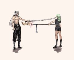 Rule 34 | 1boy, 1girl, boots, byleth (female) (fire emblem), byleth (fire emblem), duel, final fantasy, final fantasy vii, fire emblem, fire emblem: three houses, full body, glasses, masamune (ff7), nintendo, pantyhose, polearm, sephiroth, short, short shorts, shorts, spear, super smash bros., sword, topless male, weapon, white hair, wings, yourfreakyneighbourh