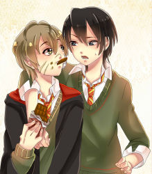 Rule 34 | 2boys, arm around shoulder, black hair, blue eyes, brown eyes, brown hair, candy, chocolate, dirty, dirty face, eating, eyebrows, facial scar, food, food in mouth, hair between eyes, hand on own hip, harry potter (series), highres, hogwarts school uniform, looking at another, male focus, multiple boys, necktie, open mouth, remus lupin, scar, scar on cheek, scar on face, school uniform, sharp teeth, shiny skin, short hair, sirius black, striped necktie, striped neckwear, sweat, teeth, uniform, wizarding world