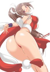 Rule 34 | 1girl, aoiakira553, ass, bare shoulders, blush, breasts, brown hair, from behind, hair ornament, hand fan, huge ass, japanese clothes, large breasts, long hair, looking at viewer, looking back, looking down, ninja, ponytail, purple eyes, revealing clothes, shiny clothes, shiny skin, shiranui mai, sideboob, smile, solo, thong, very long hair, wristband