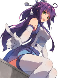 Rule 34 | 1girl, ahoge, bare shoulders, blue shirt, blue skirt, chiharu (9654784), commentary request, crossed legs, elbow gloves, from below, gloves, green eyes, hair ornament, hair over shoulder, highres, index finger raised, long hair, looking at viewer, open mouth, original, pleated skirt, purple hair, shirt, sitting, skirt, sleeveless, sleeveless shirt, smile, solo, teeth, thighhighs, two-tone shirt, upper teeth only, very long hair, white background, white gloves, white thighhighs, zettai ryouiki