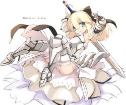 Rule 34 | 1girl, ahoge, armor, armored dress, artoria pendragon (fate), blonde hair, caliburn (fate), detached sleeves, fate (series), faulds, gauntlets, green eyes, karukan (monjya), looking at viewer, panties, pantyshot, ponytail, saber (fate), saber lily, solo, sword, underwear, weapon