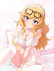 Rule 34 | 1girl, black-framed eyewear, blonde hair, blue eyes, blush, breasts squeezed together, breasts, candy, commentary request, detached sleeves, dress, eyewear on head, food, glasses, head tilt, heart, highres, idolmaster, idolmaster cinderella girls, kezune (i- -i), large breasts, lollipop, long hair, looking at viewer, maid headdress, mouth hold, ohtsuki yui, on bed, pillow, short dress, short sleeves, sitting, solo, thighhighs, white dress, white thighhighs