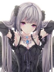 Rule 34 | 1girl, :o, black dress, black gloves, black wings, breasts, cleavage, collarbone, dress, elbow gloves, feathered wings, gloves, grey hair, highres, jewelry, long hair, looking at viewer, low wings, medium breasts, missile228, original, parted lips, pendant, purple eyes, simple background, sleeveless, sleeveless dress, solo, twintails, upper body, very long hair, white background, wings