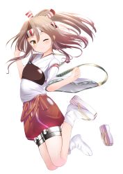 Rule 34 | 10s, 1girl, ;3, absurdres, backlighting, blurry, brown eyes, brown hair, closed mouth, commentary, depth of field, from side, full body, hachimaki, hair between eyes, hands up, head tilt, headband, high ponytail, highres, japanese clothes, jumping, kantai collection, kimono, legs up, long hair, long sleeves, looking at viewer, looking to the side, muneate, odeclea, one eye closed, ponytail, puffy shorts, red shorts, sandals, shorts, simple background, smile, solo, striped, tabi, white background, white kimono, wide sleeves, zuihou (kancolle)