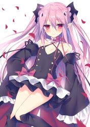 Rule 34 | 1girl, bare shoulders, black thighhighs, boots, detached sleeves, dress, fang, krul tepes, long hair, looking at viewer, owari no seraph, pink hair, pointy ears, red eyes, smile, solo, sorai shin&#039;ya, thighhighs, vampire