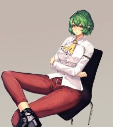 Rule 34 | 1girl, armband, ascot, black footwear, blush, breasts, brown background, buckle, buttons, chair, collared shirt, colored eyelashes, crossed arms, green hair, hand on own arm, highres, kazami yuuka, kikimifukuri, long sleeves, looking at viewer, medium breasts, pants, pink lips, red eyes, red pants, shiny clothes, shirt, shoes, short hair, simple background, sitting, solo, touhou, white shirt, wing collar, wristband, yellow ascot, zipper