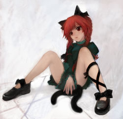 Rule 34 | 1girl, animal ears, braid, cat ears, cat girl, cat tail, covering privates, covering crotch, dress, fang, female focus, highres, kaenbyou rin, leg ribbon, long hair, madokan suzuki, multiple tails, no socks, open mouth, red eyes, red hair, ribbon, solo, spread legs, tail, touhou, twin braids, twintails