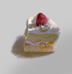 Rule 34 | cake, cake slice, food, fruit, grey background, no humans, original, painterly, sara (srsrmrmr), shadow, still life, strawberry, strawberry shortcake