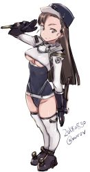 Rule 34 | 1girl, abaratani kurou, asymmetrical bangs, atlus, black footwear, black gloves, blue hat, blue leotard, breasts, brown eyes, brown hair, closed mouth, commentary, cosplay, dated, full body, girls und panzer, gloves, gouketsuji ichizoku, groove on fight, hat, highres, jacket, kepi, leotard, long hair, long sleeves, looking at viewer, medium breasts, military hat, nishi kinuyo, one-hour drawing challenge, police, police uniform, policewoman, salute, sega, shoes, shrug (clothing), simple background, smile, solis r8000, solis r8000 (cosplay), solo, standing, straight hair, thighhighs, twitter username, underboob, uniform, white background, white jacket, white thighhighs