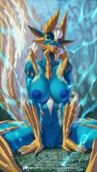 Rule 34 | 1girl, alanscampos, animal ears, aqua eyes, breasts, capcom, claws, cleft of venus, electricity, fangs, furry, highres, horns, large breasts, monster girl, monster hunter, monster hunter (series), monster hunter 3 g, monster hunter portable 3rd, nipples, nude, personification, pussy, solo, zinogre