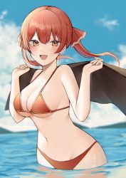 Rule 34 | 1girl, absurdres, bikini, blush, breasts, cleavage, hair ribbon, heterochromia, highres, hololive, houshou marine, large breasts, long hair, looking at viewer, navel, nerua, red eyes, red hair, ribbon, smile, solo, swimsuit, twintails, virtual youtuber, yellow eyes