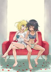 Rule 34 | 10s, 2girls, andou (girls und panzer), barefoot, black bra, black hair, black panties, blonde hair, blue eyes, bra, breasts, brown eyes, cleavage, commentary, commentary request, content rating, couch, crossed legs, cup, dark-skinned female, dark skin, girls und panzer, half-closed eyes, head tilt, holding, holding cup, indoors, ken-sya, legs, locked arms, looking at another, medium breasts, medium hair, messy hair, mug, multiple girls, navel, no pants, on couch, open mouth, oshida (girls und panzer), panties, petals, shadow, shirt, short sleeves, sitting, smile, sports bra, t-shirt, underwear, underwear only, white shirt, yuri