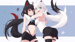 Rule 34 | 2girls, :d, ahoge, animal ears, arm around waist, armpits, arms around neck, ass, black hair, black shorts, black thighhighs, blue background, blue eyes, blush, braid, breasts, closed mouth, contrapposto, crop top, detached sleeves, dual persona, fox ears, fox tail, highleg, highleg panties, highres, hololive, kurokami fubuki, light blush, long hair, long sleeves, looking at viewer, medium breasts, multiple girls, navel, open mouth, panties, ponytail, red eyes, shirakami fubuki, shirakami fubuki (1st costume), shorts, side braid, simple background, single thighhigh, smile, tail, tail raised, telomere, thigh strap, thighhighs, underwear, very long hair, virtual youtuber, white hair, wide sleeves