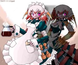 Rule 34 | 1girl, aliasing, apron, breasts, character name, cleavage, coffee, dauthi mindripper, large breasts, looking at viewer, magic: the gathering, maid, maid apron, multicolored hair, pink eyes, red hair, siblings, smile, solo, tagme, twins, two-tone hair, yone88, yonezuka ryou