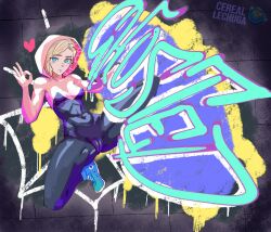 Rule 34 | 1girl, blonde hair, blue eyes, blue footwear, blush, bodysuit, breasts, cerealxs, cleft of venus, covered erect nipples, covered navel, female focus, graffiti, gwen stacy, heart, highres, hood, hood up, looking at viewer, marvel, navel, shoes, short hair, small breasts, smile, sneakers, solo, spider-man: into the spider-verse, spider-man (series), spider-verse, spider web print, spread legs, superhero costume, thighs