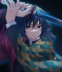Rule 34 | 1boy, arms up, aura, black background, black hair, blue eyes, buckle, buttons, chokutou, closed mouth, expressionless, eyelashes, fingernails, gakuran, haori, highres, holding, holding sword, holding weapon, jacket, japanese clothes, katana, kimetsu no yaiba, looking at viewer, male focus, medium hair, multicolored clothes, multicolored jacket, om666en, parted lips, patterned clothing, pocket, school uniform, shirt, solo, standing, sword, tomioka giyuu, two-sided fabric, unsheathed, weapon, white shirt, wide sleeves