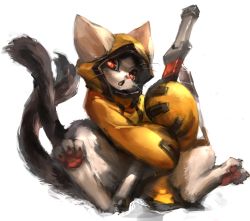 Rule 34 | animal hood, arc system works, blazblue, cat, cat hood, cat tail, hood, jubei (blazblue), multiple tails, no humans, red eyes, sheath, sheathed, solo, tail, weapon, yadori (frousol)
