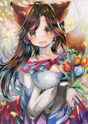 Rule 34 | 1girl, animal ears, blue flower, blush, breasts, brown hair, cleavage, collarbone, dress, fingernails, flower, highres, imaizumi kagerou, large breasts, long fingernails, long hair, long sleeves, nail polish, open mouth, petals, red eyes, red flower, red nails, sharp fingernails, solo, torajirou (toraneko zirou), touhou, traditional media, twitter username, upper body, white dress, wide sleeves, wolf ears