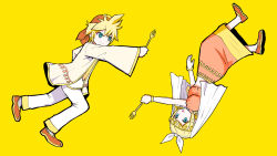 Rule 34 | blonde hair, bracelet, brother and sister, commentary request, cosmospice (vocaloid), fork, hair ornament, highres, holding, holding fork, jacket, jewelry, kagamine len, kagamine rin, midriff, neckerchief, necktie, official art, open clothes, open jacket, original, pinocchio-p, siblings, simple background, traditional clothes, turban, twins, veil, vocaloid, yellow background, yellow neckerchief, yellow necktie, yellow theme