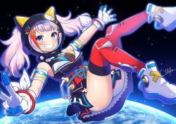 Rule 34 | 1girl, :d, ankle boots, armlet, ass, bare shoulders, black dress, blonde hair, blush, boots, breasts, clothes between thighs, commentary request, dress, earth (planet), gloves, grin, haruyuki 14, helmet, kaguya luna, large breasts, long hair, multicolored hair, open mouth, outstretched arms, pink hair, planet, red hair, red thighhighs, signature, sleeveless, sleeveless dress, smile, solo, space, space helmet, spread fingers, streaked hair, teeth, the moon studio, thighhighs, twintails, v, virtual youtuber, white footwear, white gloves