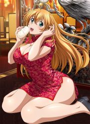 Rule 34 | 1girl, antenna hair, black footwear, blonde hair, breasts, china dress, chinese clothes, cleavage, curvy, dress, eating, female focus, food, green eyes, high heels, highres, hip focus, ikkitousen, indoors, kneeling, large breasts, long hair, open mouth, solo, sonsaku hakufu, statue, tagme, thick thighs, thighs, tongue, wide hips