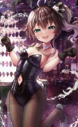 Rule 34 | 1girl, absurdres, ahoge, alternate costume, animal ears, bare shoulders, black gloves, black leotard, blurry, blurry background, blush, breasts, brown hair, brown pantyhose, cat hair ornament, clothing cutout, collar, detached collar, fake animal ears, gloves, green eyes, hair ornament, hair ribbon, highres, hololive, lace, lace gloves, leg up, leotard, long hair, looking at viewer, natsuiro matsuri, navel, navel cutout, open mouth, pantyhose, playboy bunny, rabbit ears, resolution mismatch, ribbon, side ponytail, small breasts, smile, solo, source larger, sparkle, standing, standing on one leg, strapless, strapless leotard, thighband pantyhose, thighs, virtual youtuber, wajuniorbox, white collar