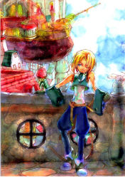 Rule 34 | 00s, 1boy, ;), aircraft, airship, ankle boots, bare shoulders, belt, blonde hair, blue eyes, blue pants, blue sky, boots, brown footwear, brown gloves, building, closed mouth, cropped vest, day, final fantasy, final fantasy ix, full body, gloves, green vest, head tilt, house, light particles, looking at viewer, male focus, one eye closed, outdoors, pants, short hair, sky, sleeveless, smile, solo, standing, town, vest, wrist cuffs, zidane tribal
